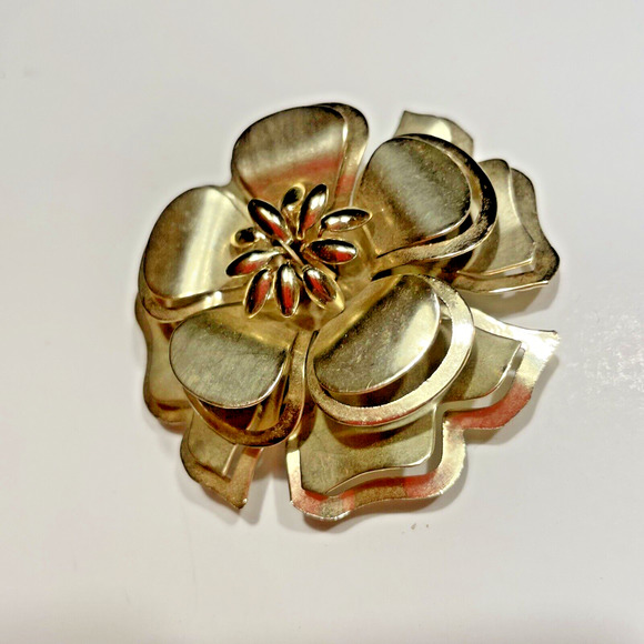Vintage Large Gold Tone 2 1/2 " Costume Floral Rose Peony Brooch Pin - Picture 3 of 6